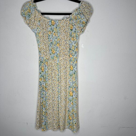 Topshop Cute Yellow Multi Color Ditsy Floral Off Shoulder Mini Puff Sleeve 4 - Picture 7 of 15